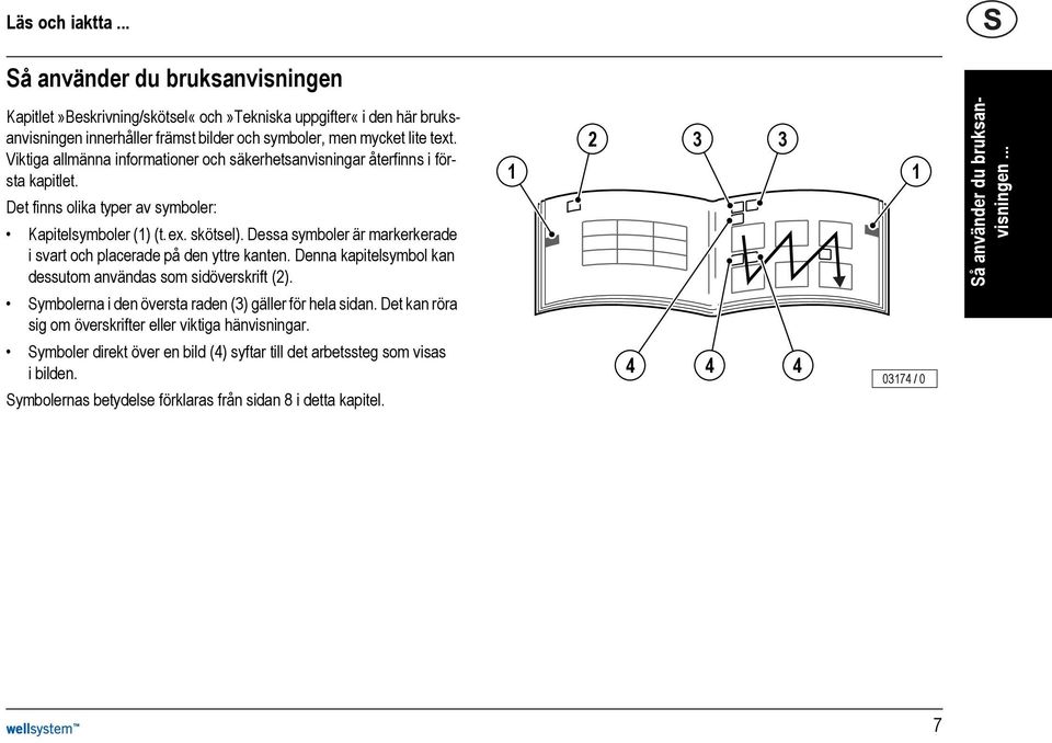 Dessa symboler är markerkerade i svart och placerade på den yttre kanten. Denna kapitelsymbol kan dessutom användas som sidöverskrift (2). Symbolerna i den översta raden (3) gäller för hela sidan.