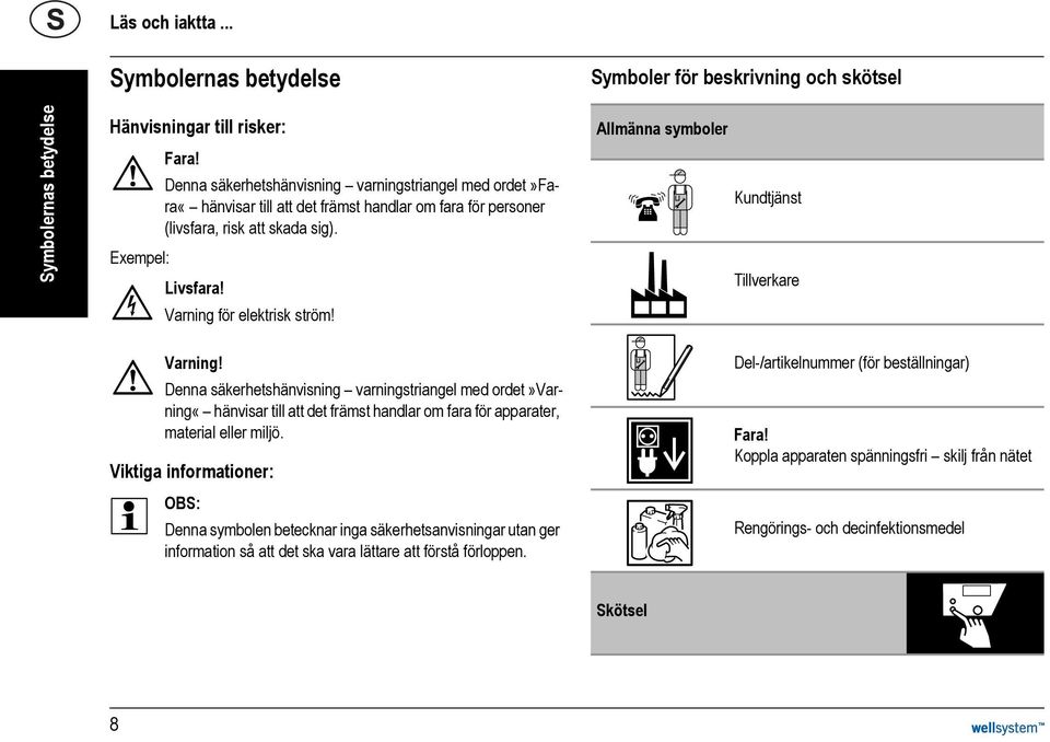 Allmänna symboler Kundtjänst Tillverkare Varning! Denna säkerhetshänvisning varningstriangel med ordet»varning«hänvisar till att det främst handlar om fara för apparater, material eller miljö.