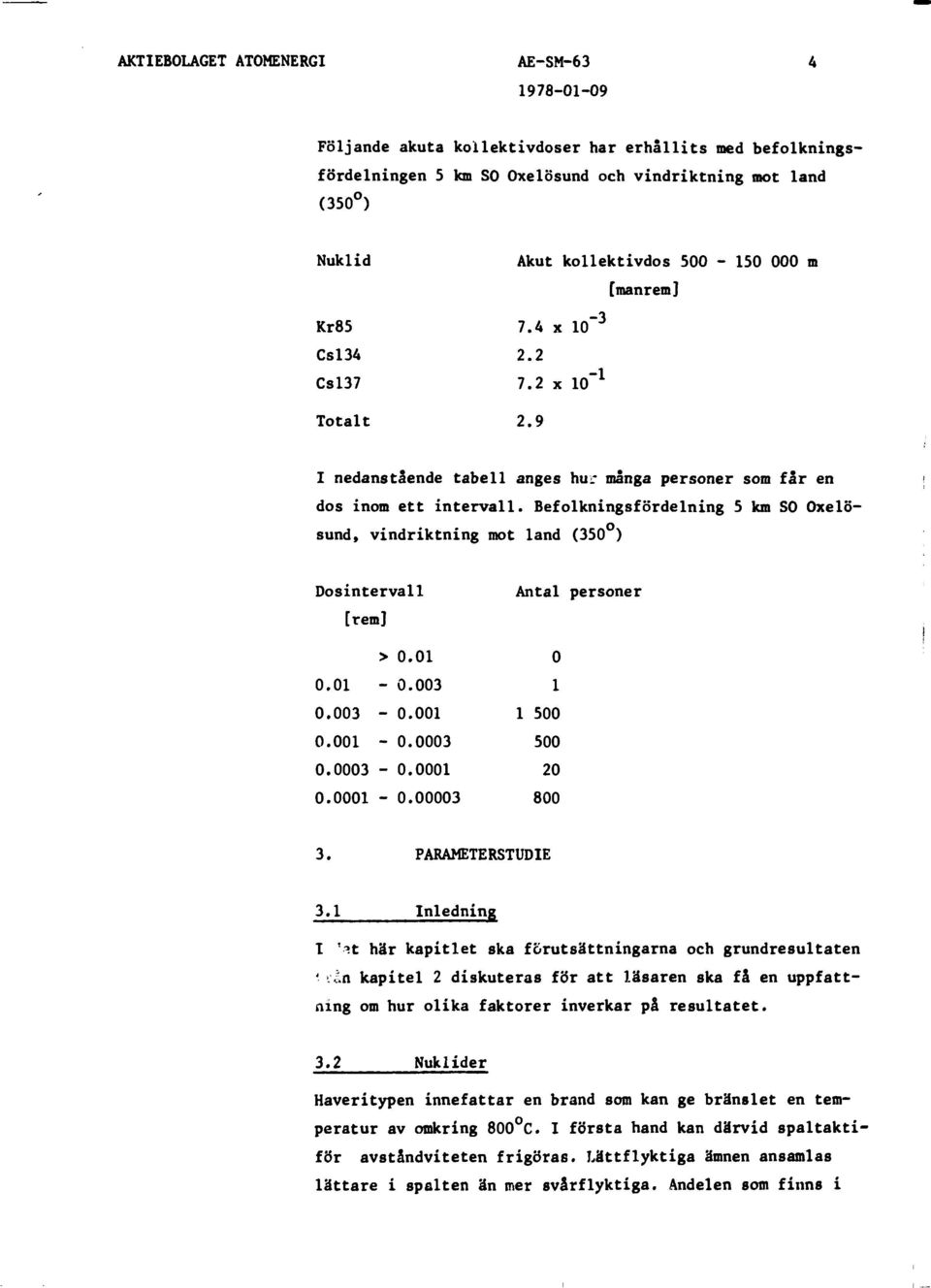 Befolkningsfördelning 5 km SO Oxelösund, vindriktning mot land (350 ) Dosintervall [rem] > - 0.003-0.001-0.0003-0.0001-0.003 0.001 0.0003 0.0001 0.00003 Antal personer 0 1 1 500 500 20 800 3.