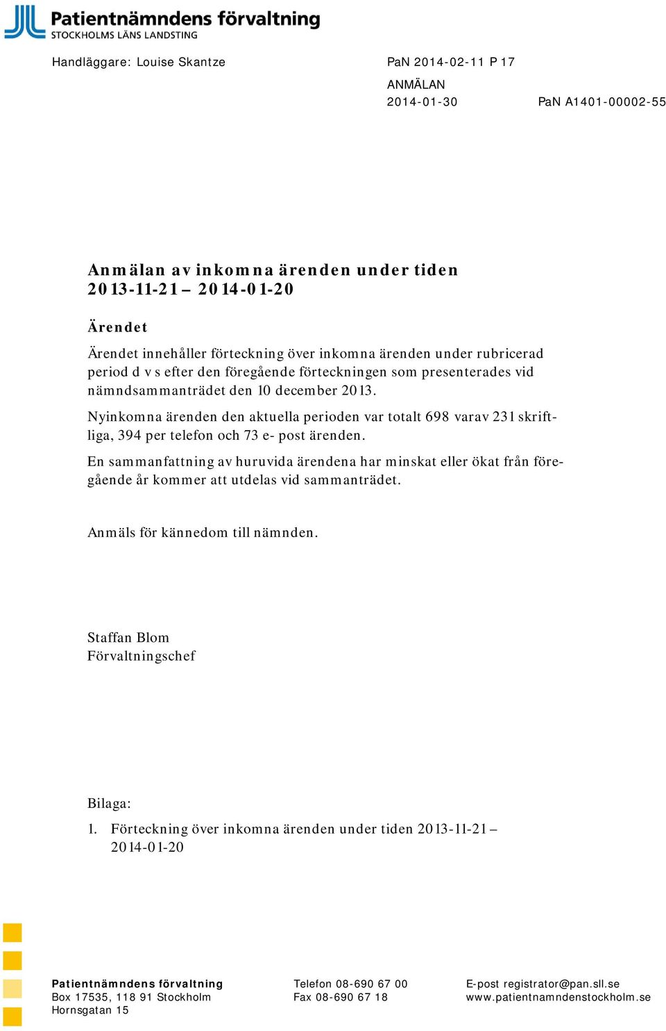 Nyinkomna ärenden den aktuella perioden var totalt 698 varav 231 skriftliga, 394 per telefon och 73 e- post ärenden.