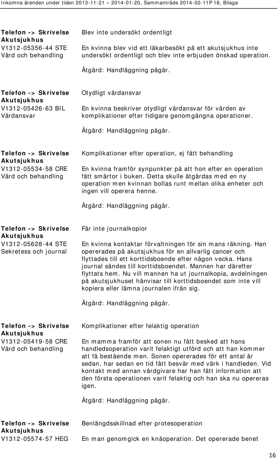 Telefon -> V1312-05534-58 CRE Komplikationer efter operation, ej fått behandling En kvinna framför synpunkter på att hon efter en operation fått smärtor i buken.