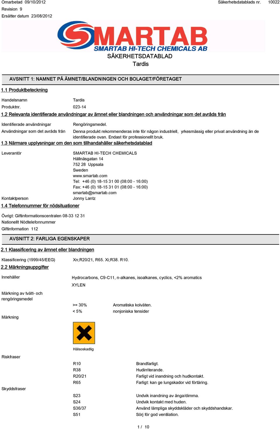 Användningar som det avråds från Denna produkt rekommenderas inte för någon industriell, yrkesmässig eller privat användning än de identifierade ovan. Endast för professionellt bruk. 1.