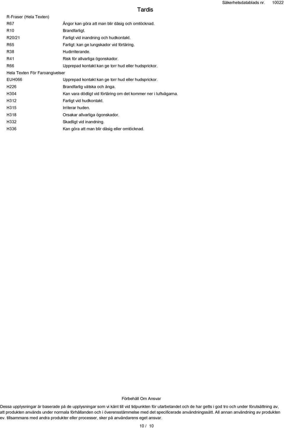 Hela Texten För Faroangivelser EUH066 Upprepad kontakt kan ge torr hud eller hudsprickor. H226 Brandfarlig vätska och ånga. H304 Kan vara dödligt vid förtäring om det kommer ner i luftvägarna.