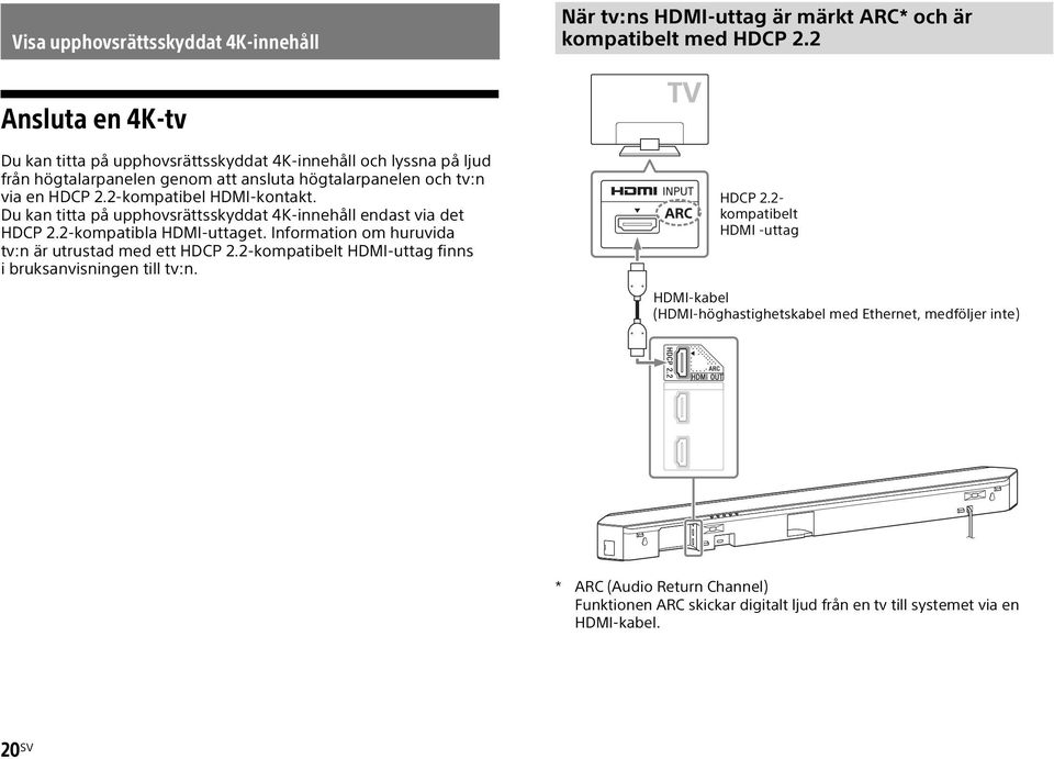 2-kompatibel HDMI-kontakt. Du kan titta på upphovsrättsskyddat 4K-innehåll endast via det HDCP 2.2-kompatibla HDMI-uttaget. Information om huruvida tv:n är utrustad med ett HDCP 2.