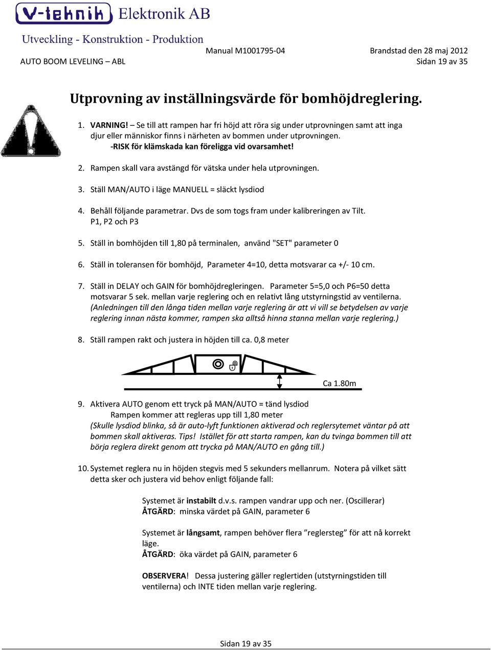 Rampen skall vara avstängd för vätska under hela utprovningen. 3. Ställ MAN/AUTO i läge MANUELL = släckt lysdiod 4. Behåll följande parametrar. Dvs de som togs fram under kalibreringen av Tilt.