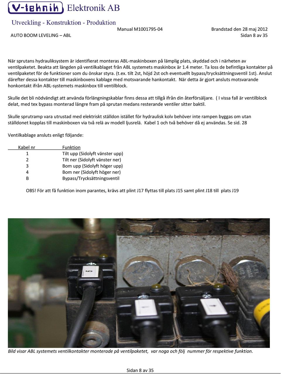 tilt 2st, höjd 2st och eventuellt bypass/trycksättningsventil 1st). Anslut därefter dessa kontakter till maskinboxens kablage med motsvarande hankontakt.