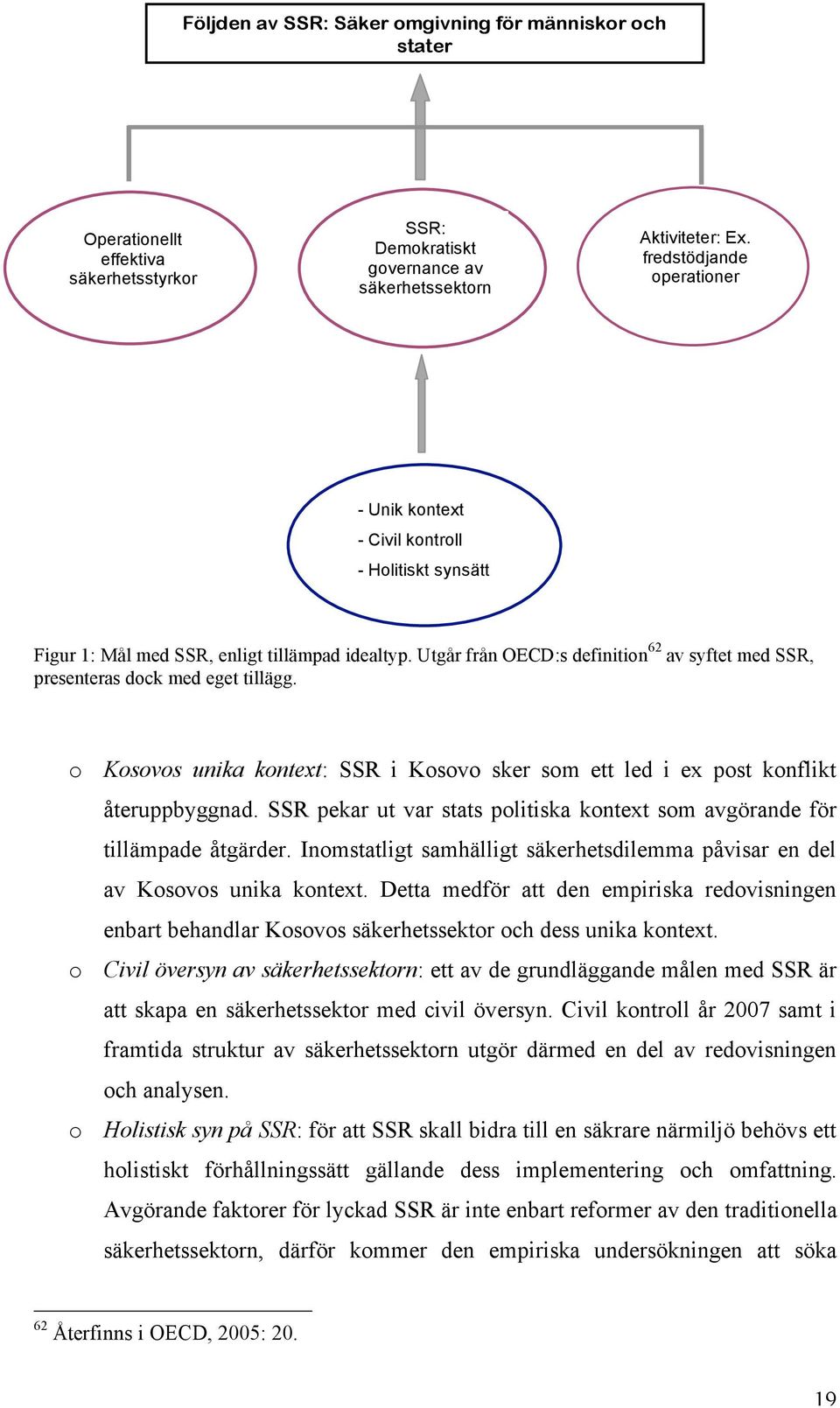 Utgår från OECD:s definition 62 av syftet med SSR, presenteras dock med eget tillägg. o Kosovos unika kontext: SSR i Kosovo sker som ett led i ex post konflikt återuppbyggnad.