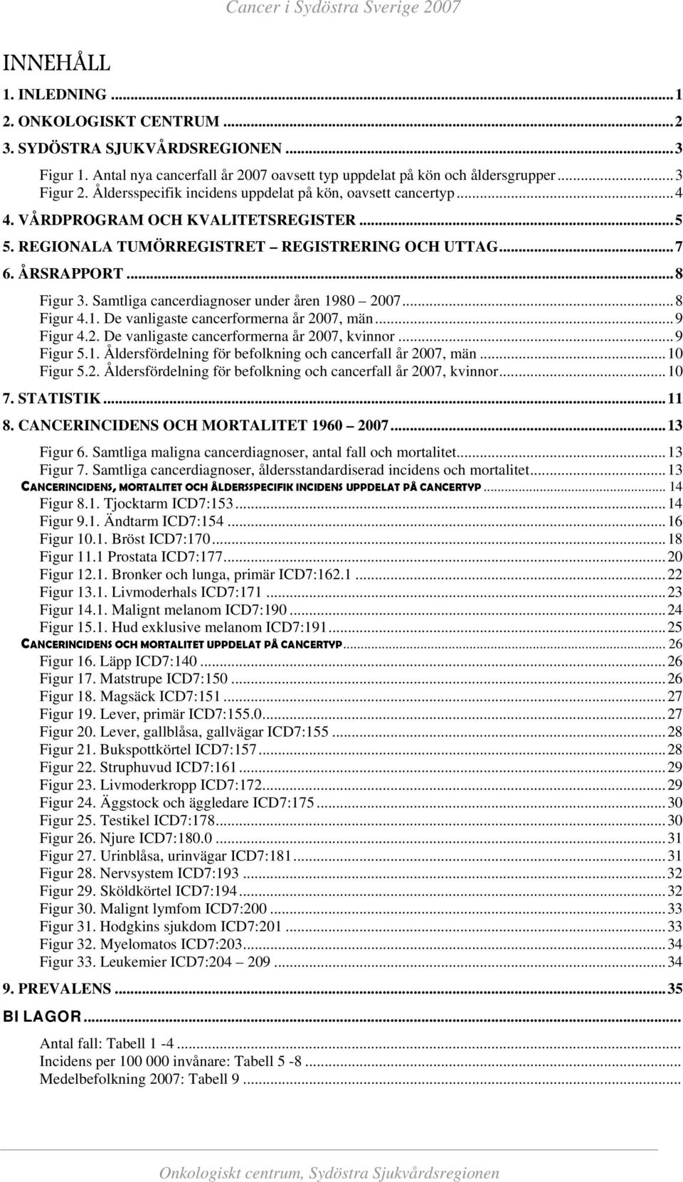 Samtliga cancerdiagnoser under åren 198 27...8 Figur 4.1. De vanligaste cancerformerna år 27, män...9 Figur 4.2. De vanligaste cancerformerna år 27, kvinnor...9 Figur 5.1. Åldersfördelning för befolkning och cancerfall år 27, män.