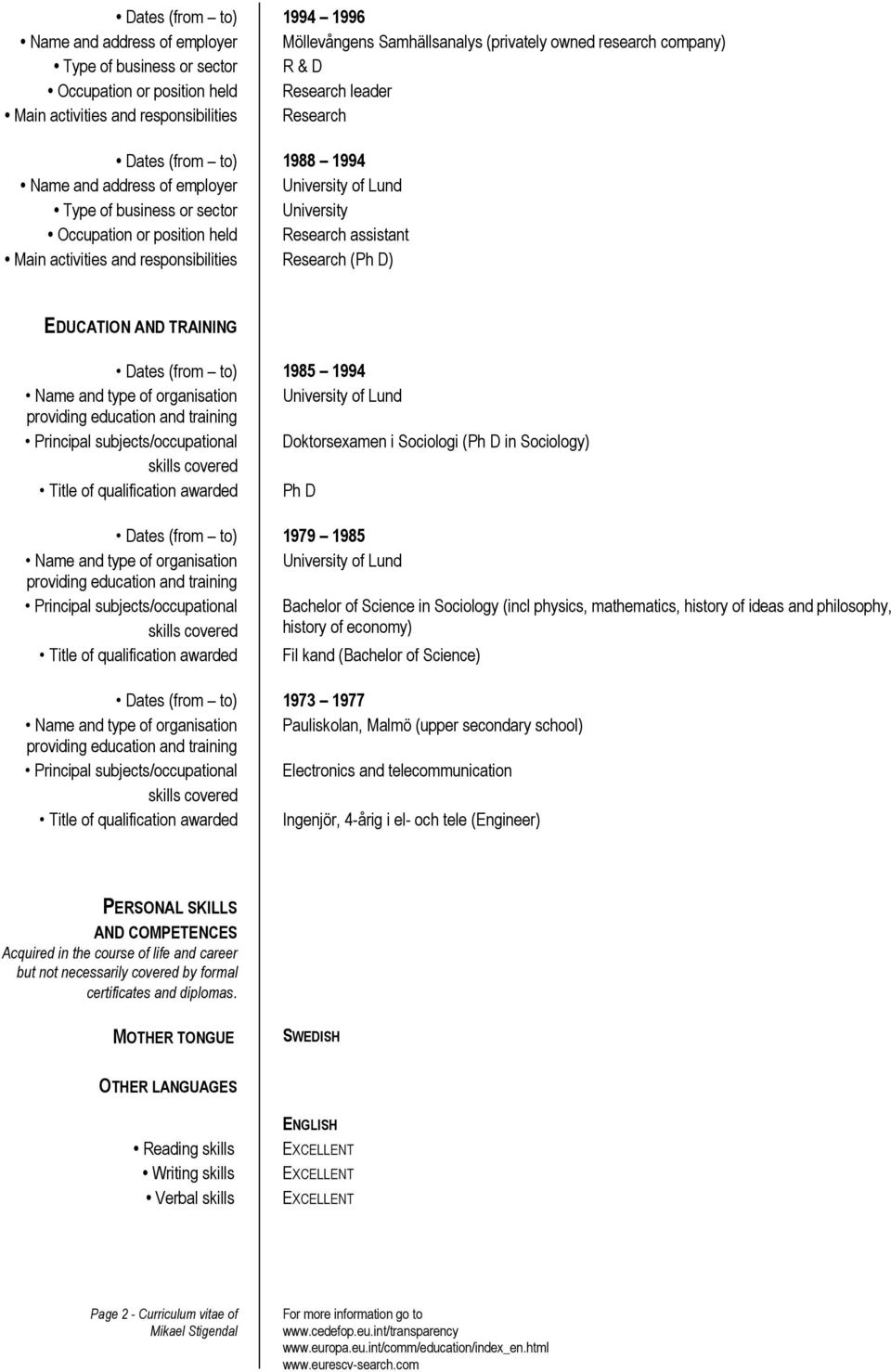 activities and responsibilities Research (Ph D) EDUCATION AND TRAINING Dates (from to) 1985 1994 Name and type of organisation University of Lund providing education and training Principal