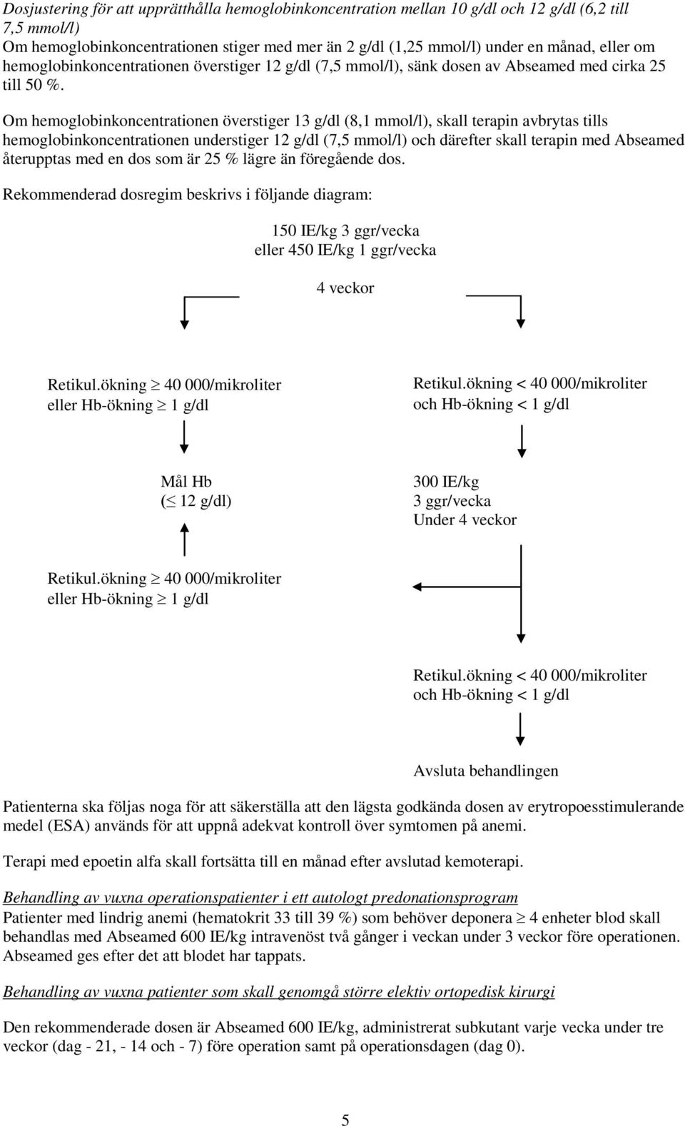 Om hemoglobinkoncentrationen överstiger 13 g/dl (8,1 mmol/l), skall terapin avbrytas tills hemoglobinkoncentrationen understiger 12 g/dl (7,5 mmol/l) och därefter skall terapin med Abseamed