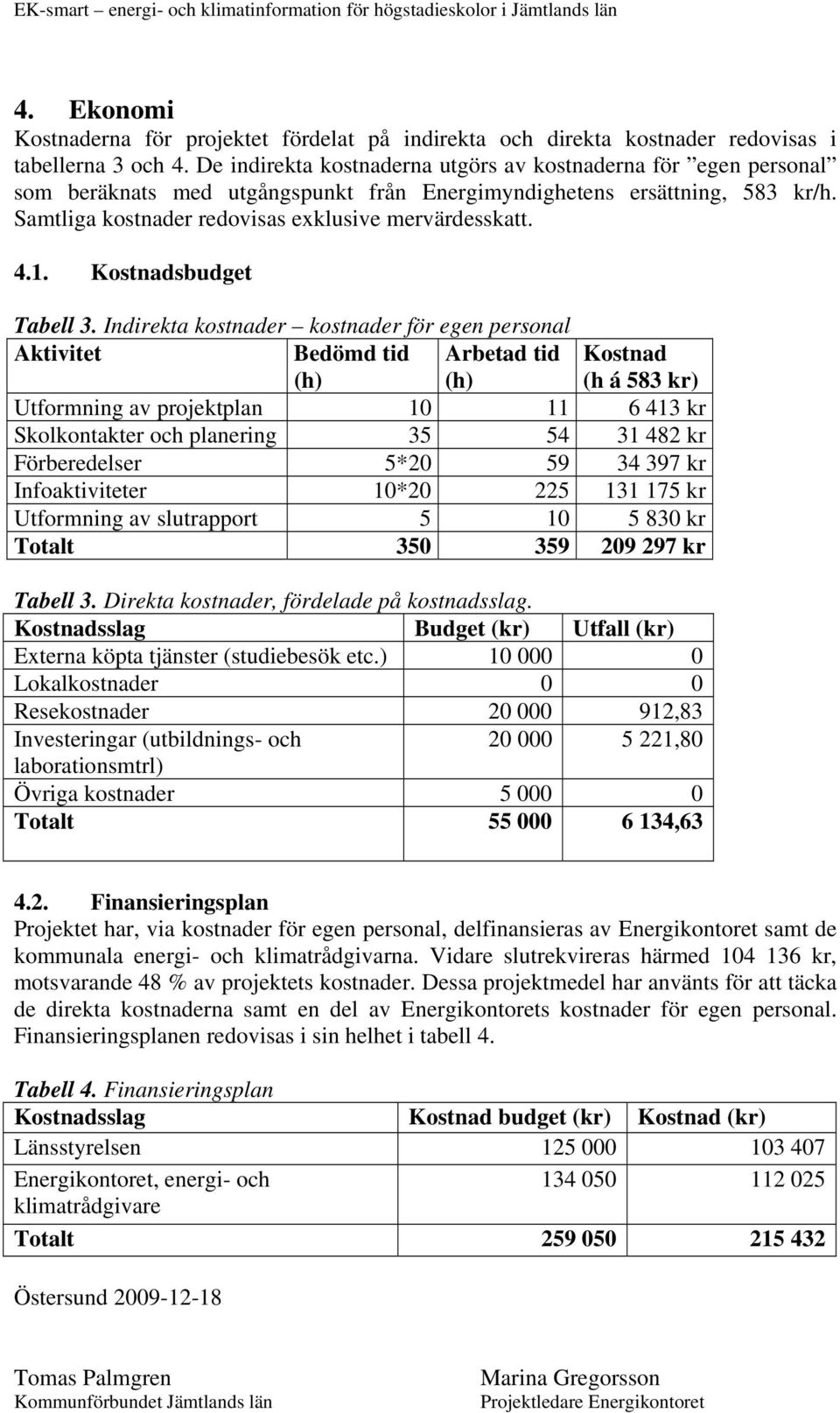 1. Kostnadsbudget Tabell 3.