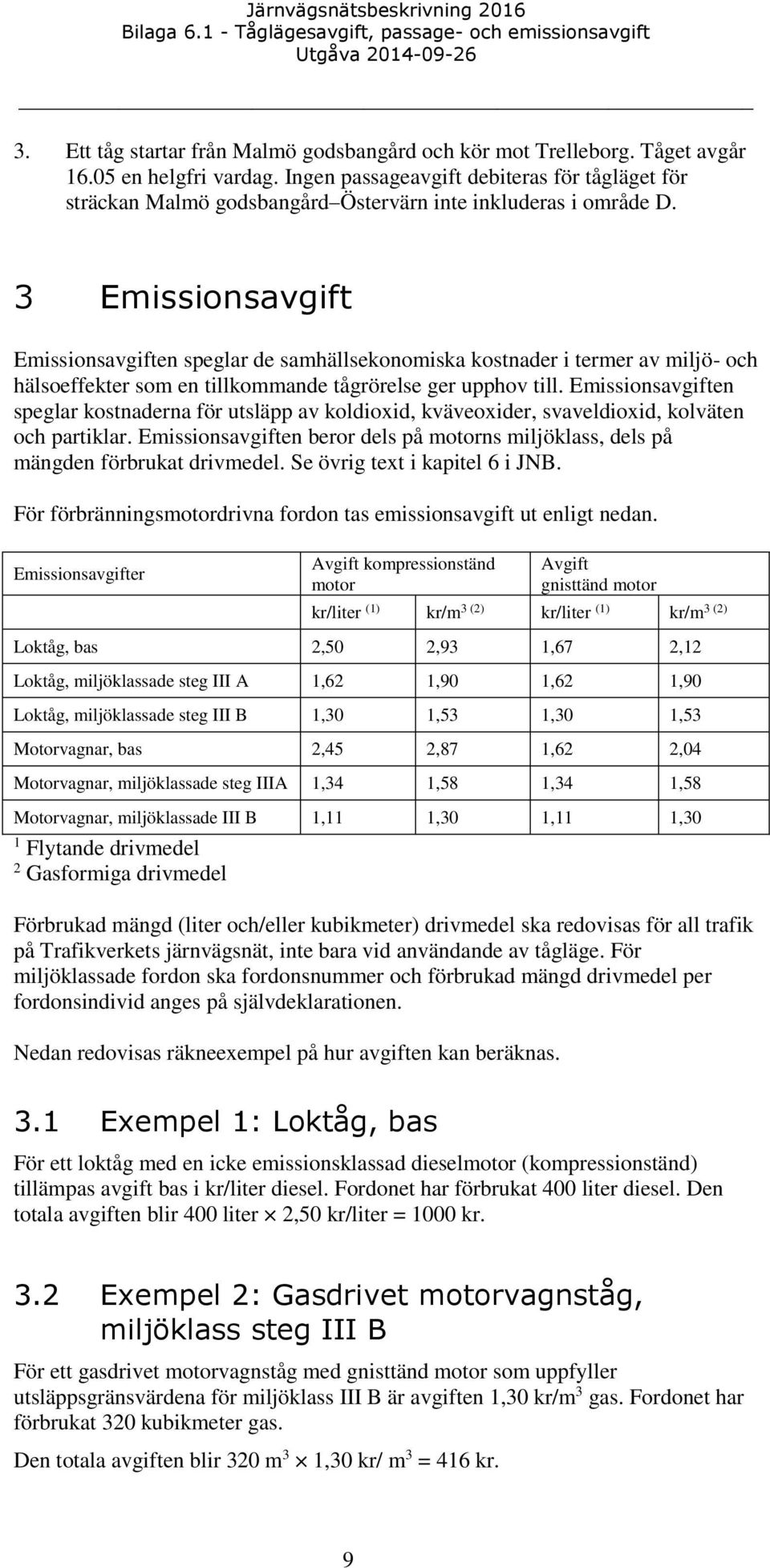 3 Emissionsavgift Emissionsavgiften speglar de samhällsekonomiska kostnader i termer av miljö- och hälsoeffekter som en tillkommande tågrörelse ger upphov till.