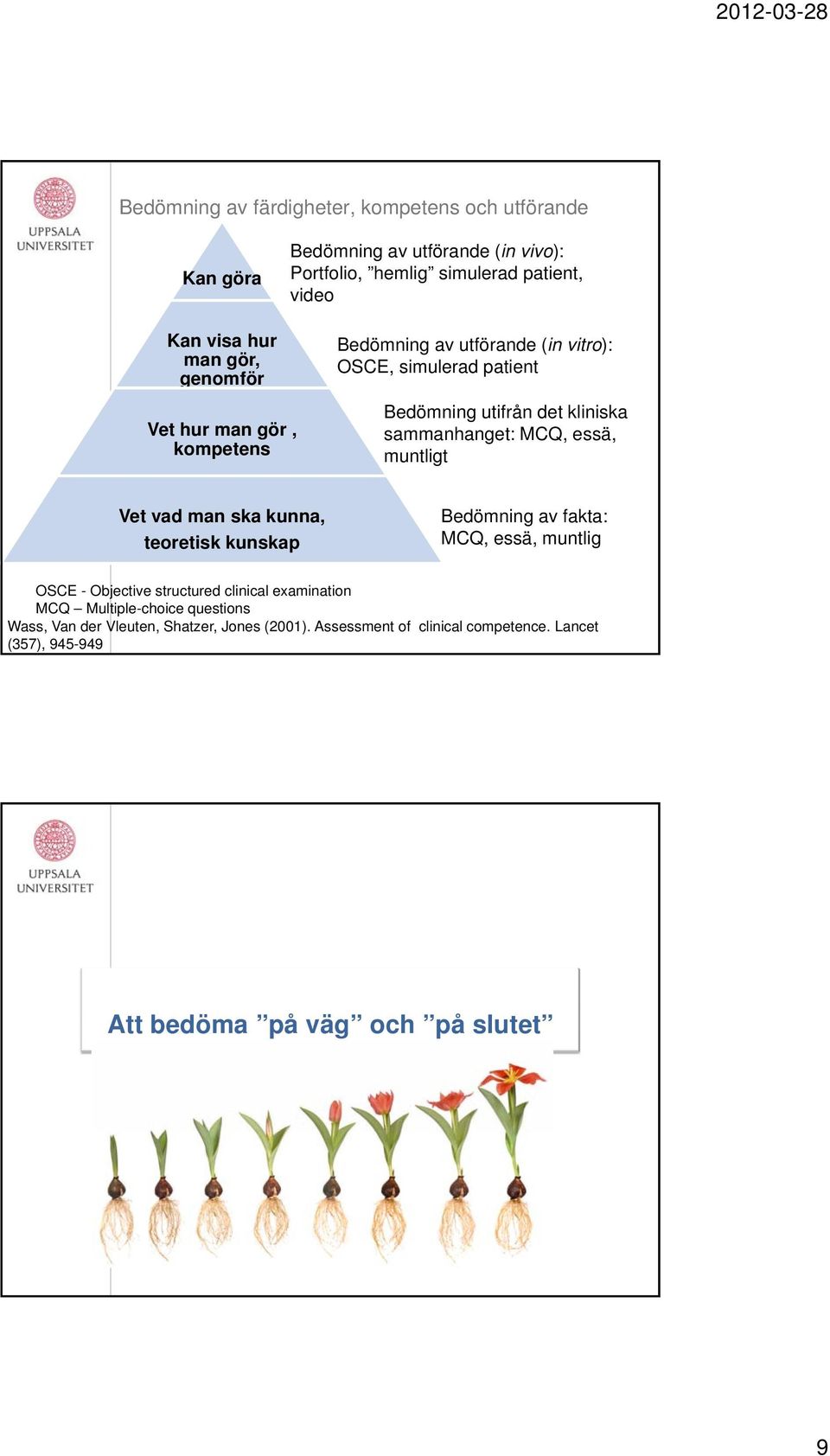 essä, muntligt Vet vad man ska kunna, teoretisk kunskap Bedömning av fakta: MCQ, essä, muntlig OSCE - Objective structured clinical examination MCQ