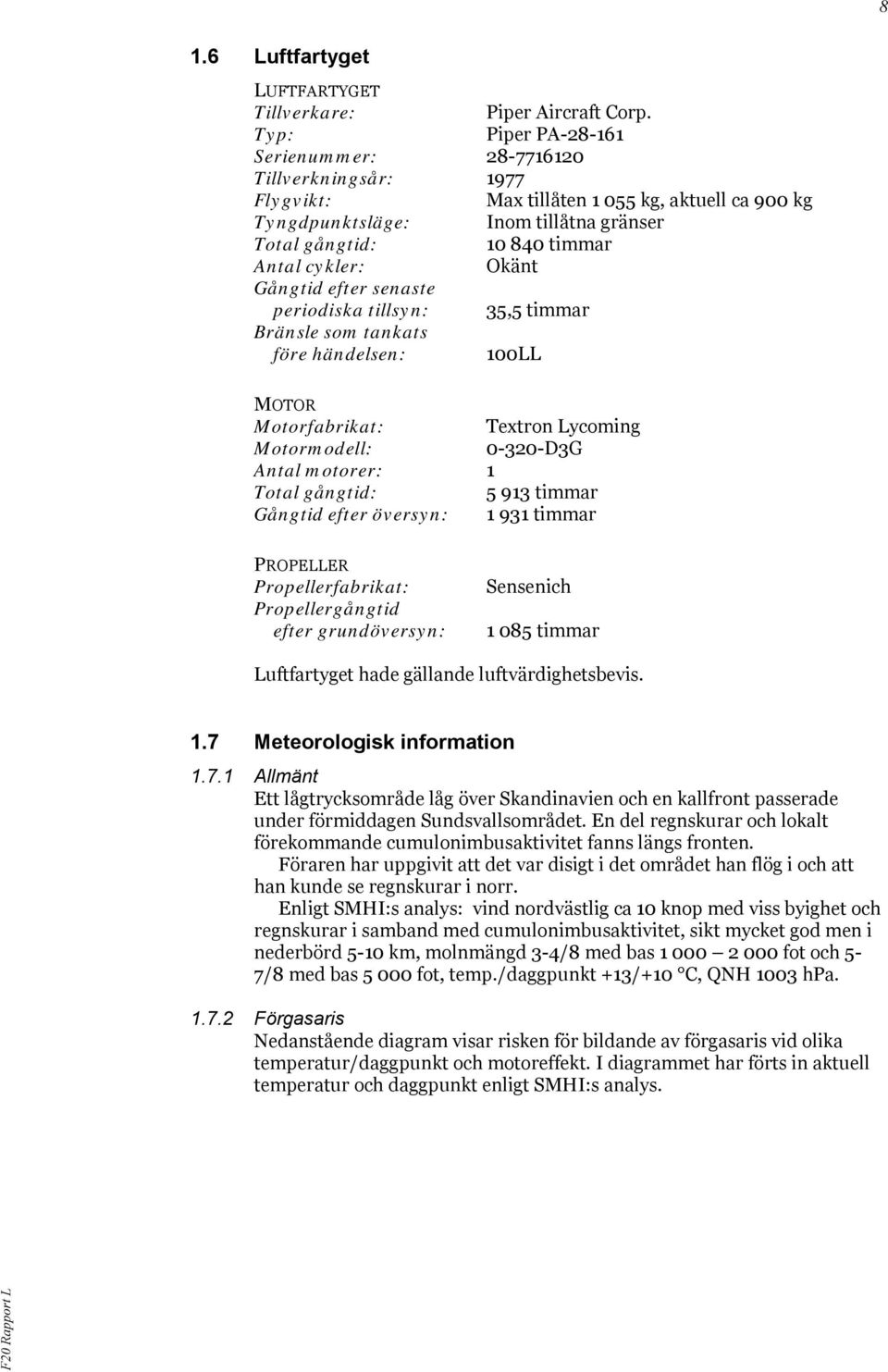 Okänt Gångtid efter senaste periodiska tillsyn: 35,5 timmar Bränsle som tankats före händelsen: 100LL MOTOR Motorfabrikat: Textron Lycoming Motormodell: 0-320-D3G Antal motorer: 1 Total gångtid: 5