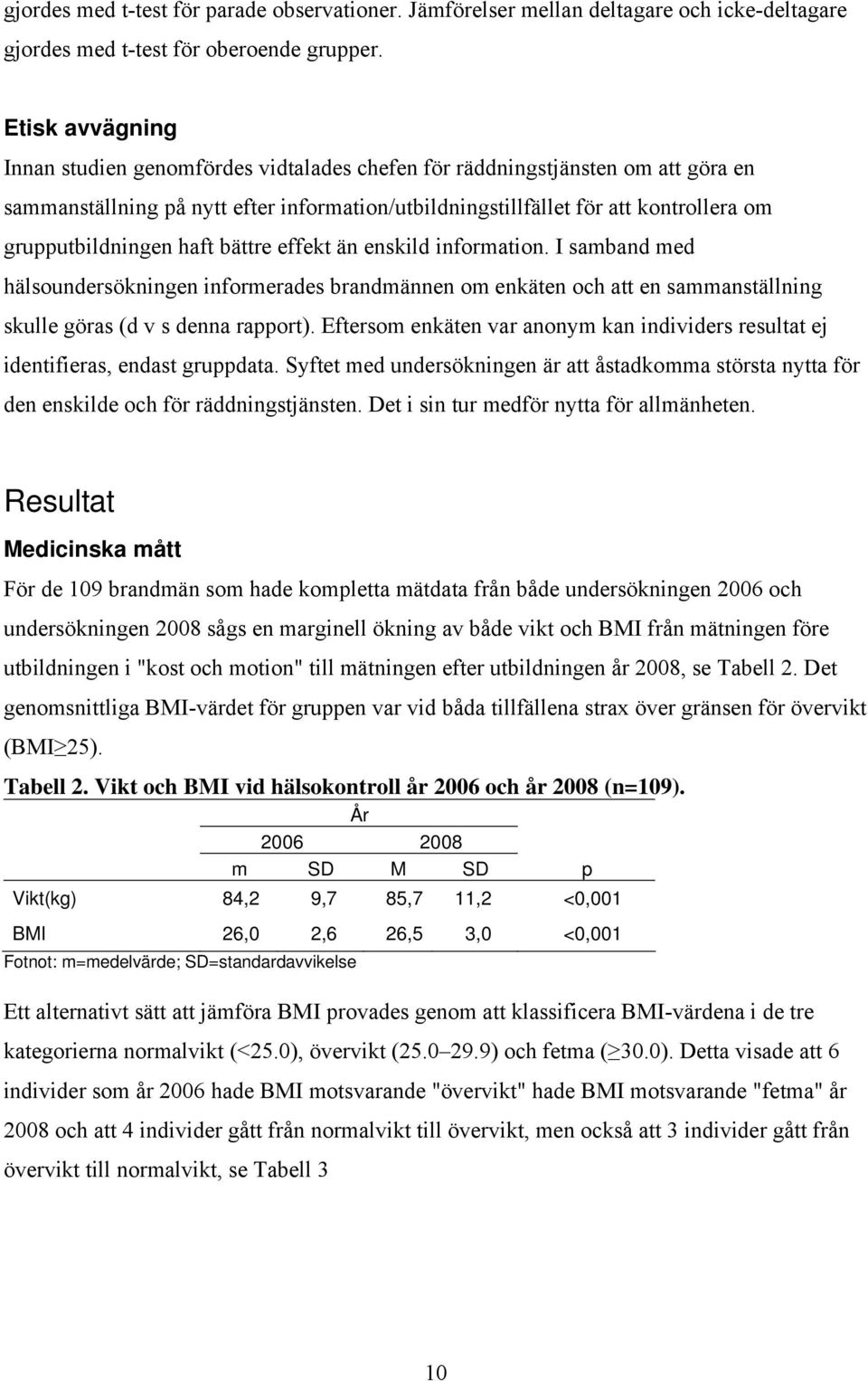 grupputbildningen haft bättre effekt än enskild information. I samband med hälsoundersökningen informerades brandmännen om enkäten och att en sammanställning skulle göras (d v s denna rapport).