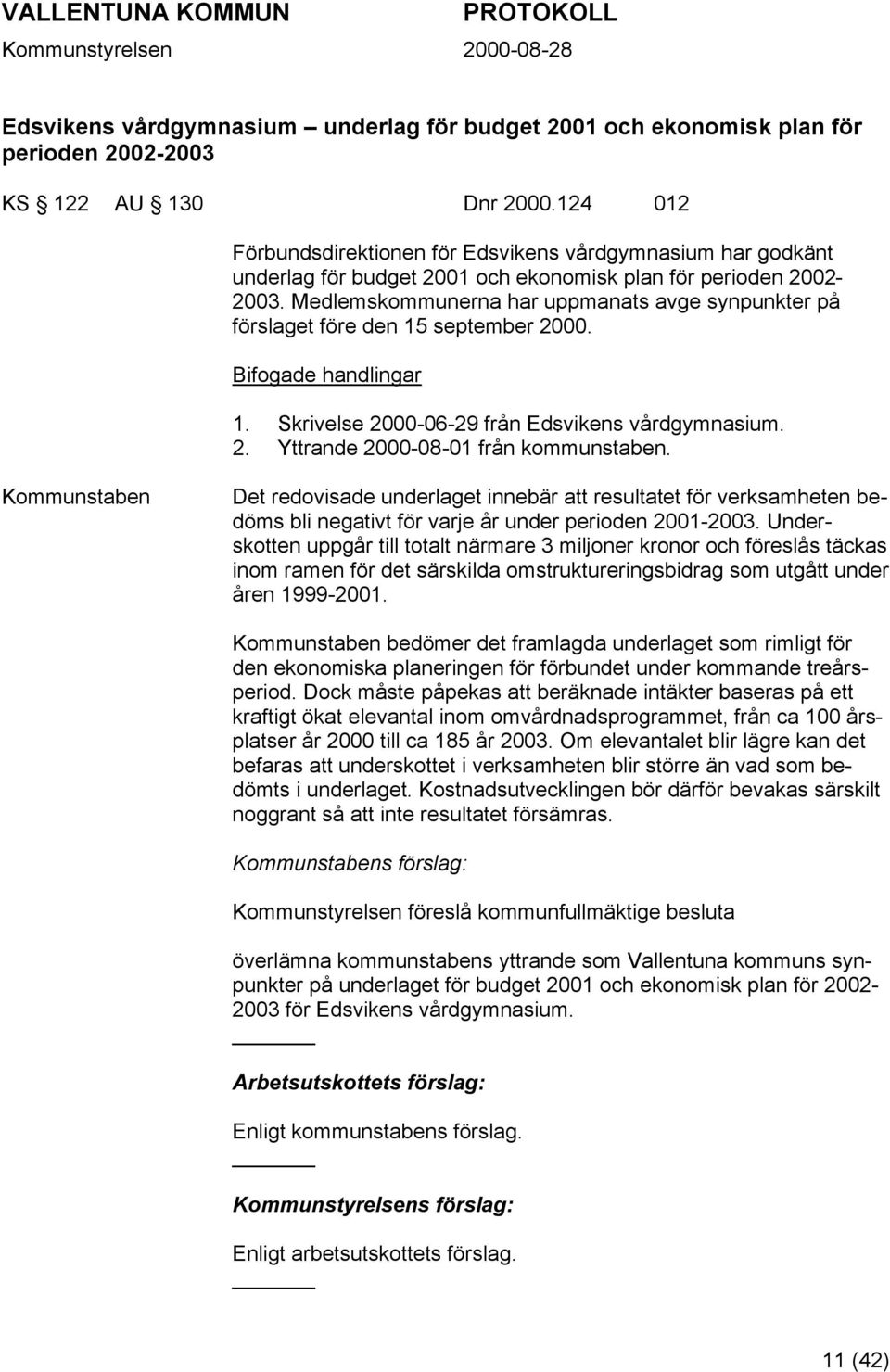 Medlemskommunerna har uppmanats avge synpunkter på förslaget före den 15 september 2000. Bifogade handlingar 1. Skrivelse 2000-06-29 från Edsvikens vårdgymnasium. 2. Yttrande 2000-08-01 från kommunstaben.