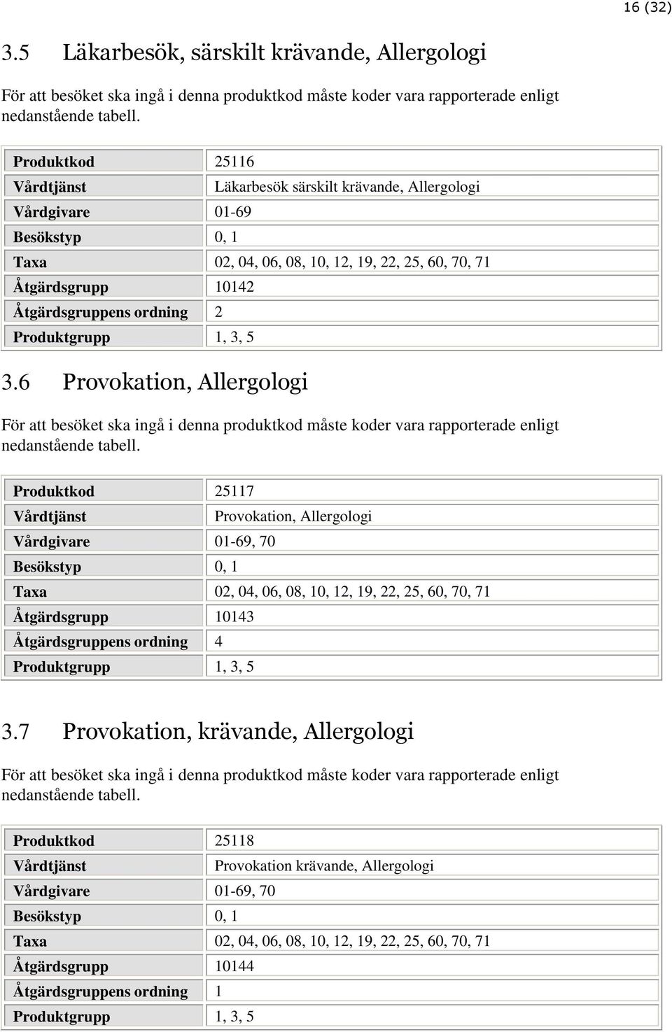 Produktgrupp 1, 3, 5 3.6 Provokation, Allergologi För att besöket ska ingå i denna produktkod måste koder vara rapporterade enligt nedanstående tabell.