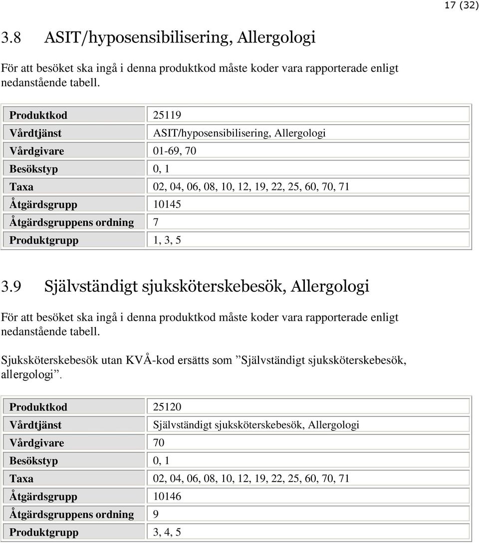 Produktgrupp 1, 3, 5 3.9 Självständigt sjuksköterskebesök, Allergologi För att besöket ska ingå i denna produktkod måste koder vara rapporterade enligt nedanstående tabell.