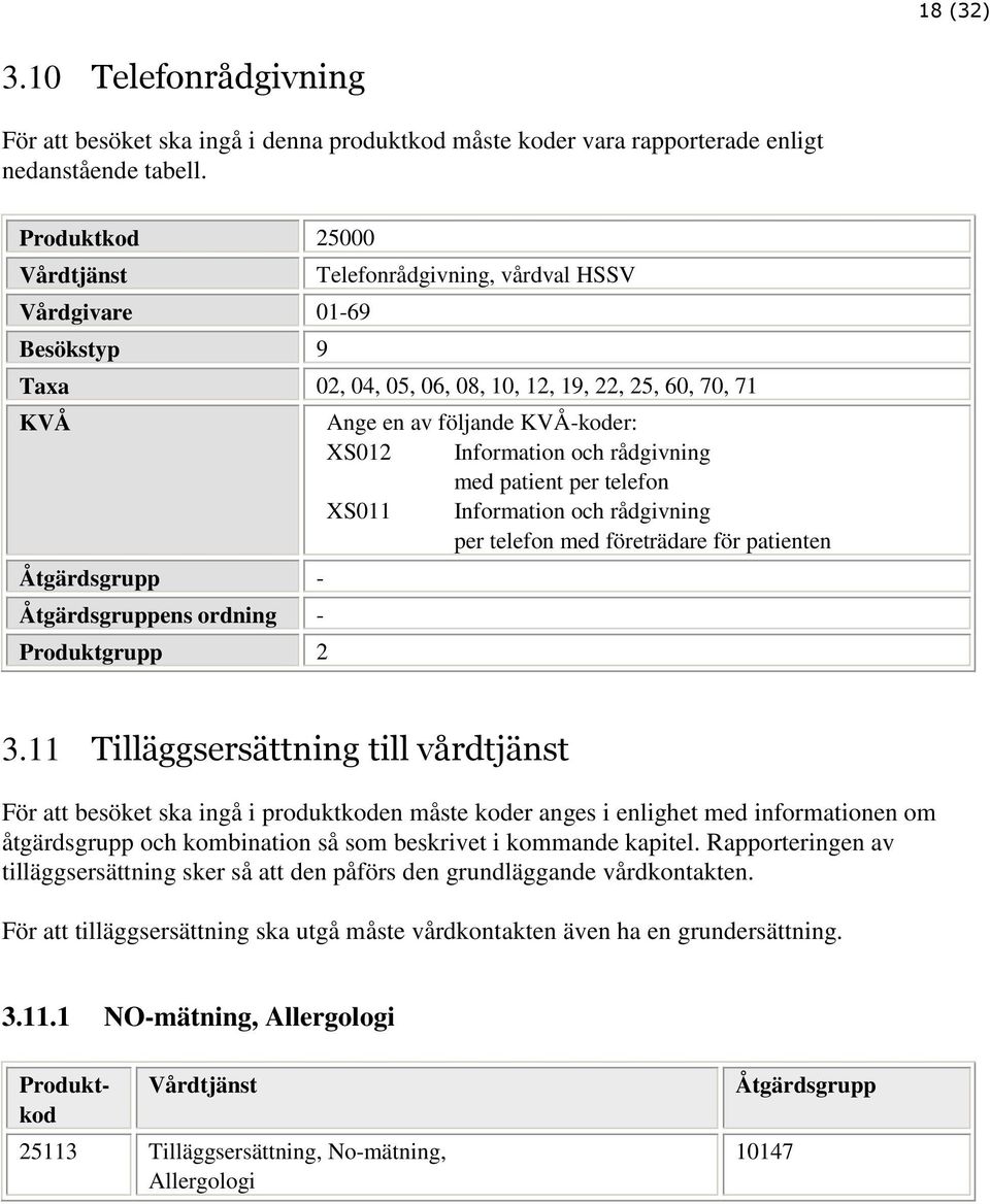 av följande -koder: XS012 Information och rådgivning med patient per telefon XS011 Information och rådgivning per telefon med företrädare för patienten 3.