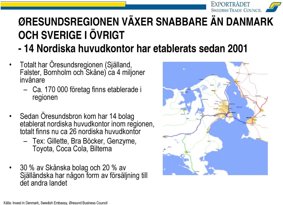 170 000 företag finns etablerade i regionen Sedan Öresundsbron kom har 14 bolag etablerat nordiska huvudkontor inom regionen, totalt finns nu ca 26