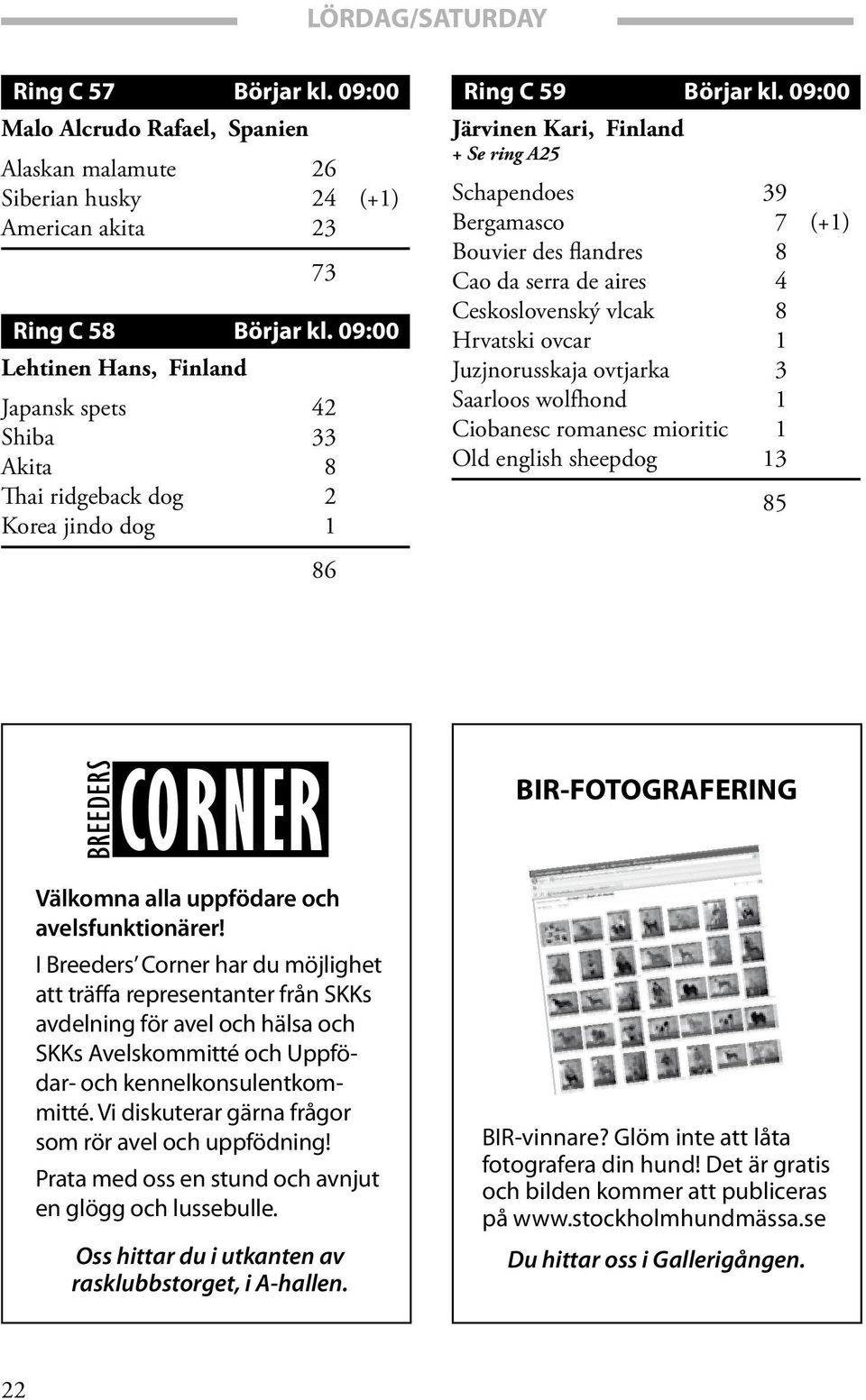 09:00 Järvinen Kari, Finland + Se ring A25 Schapendoes 39 Bergamasco 7 (+1) Bouvier des flandres 8 Cao da serra de aires 4 Ceskoslovenský vlcak 8 Hrvatski ovcar 1 Juzjnorusskaja ovtjarka 3 Saarloos