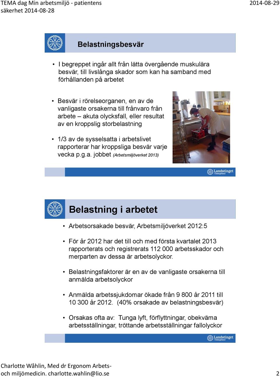 (Arbetsmiljöverket 2013) Belastning i arbetet Arbetsorsakade besvär, Arbetsmiljöverket 2012:5 För år 2012 har det till och med första kvartalet 2013 rapporterats och registrerats 112 000 arbetsskador