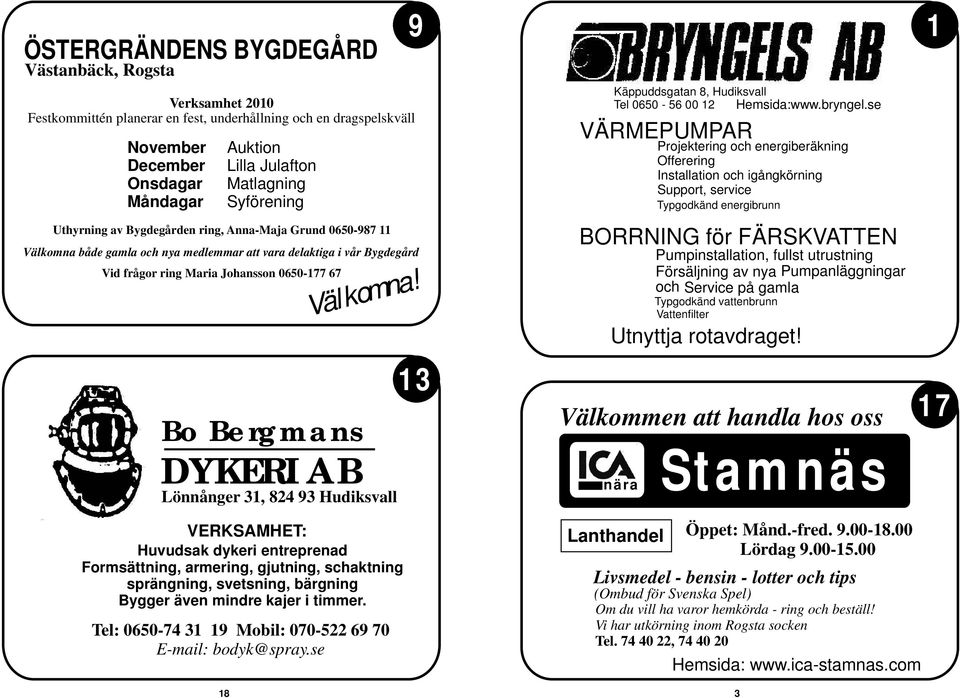 DYKERI AB Välkomn a! Lönnånger 31, 824 93 Hudiksvall 9 13 Käppuddsgatan 8, Hudiksvall Tel 0650-56 00 12 Hemsida:www.bryngel.