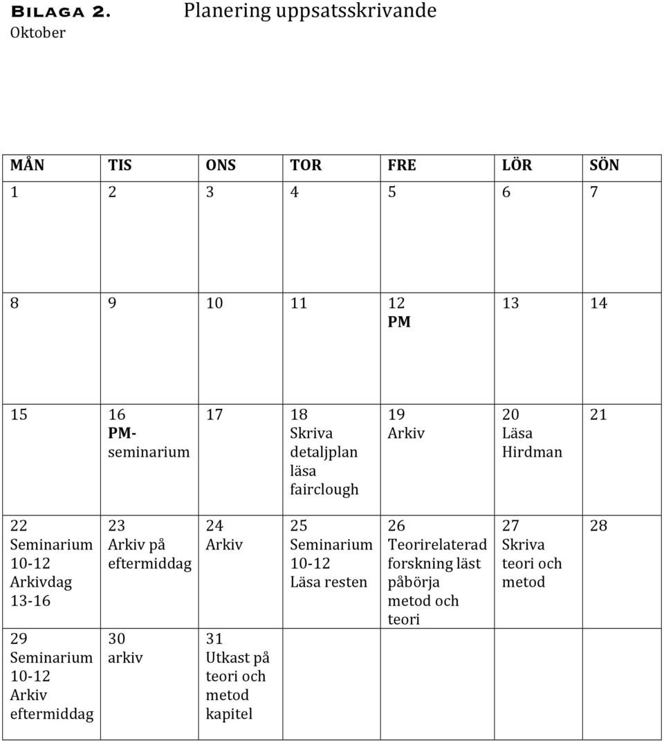 PMseminarium 17 18 Skriva detaljplan läsa fairclough 19 Arkiv 20 Läsa Hirdman 21 22 Seminarium 10-12 Arkivdag
