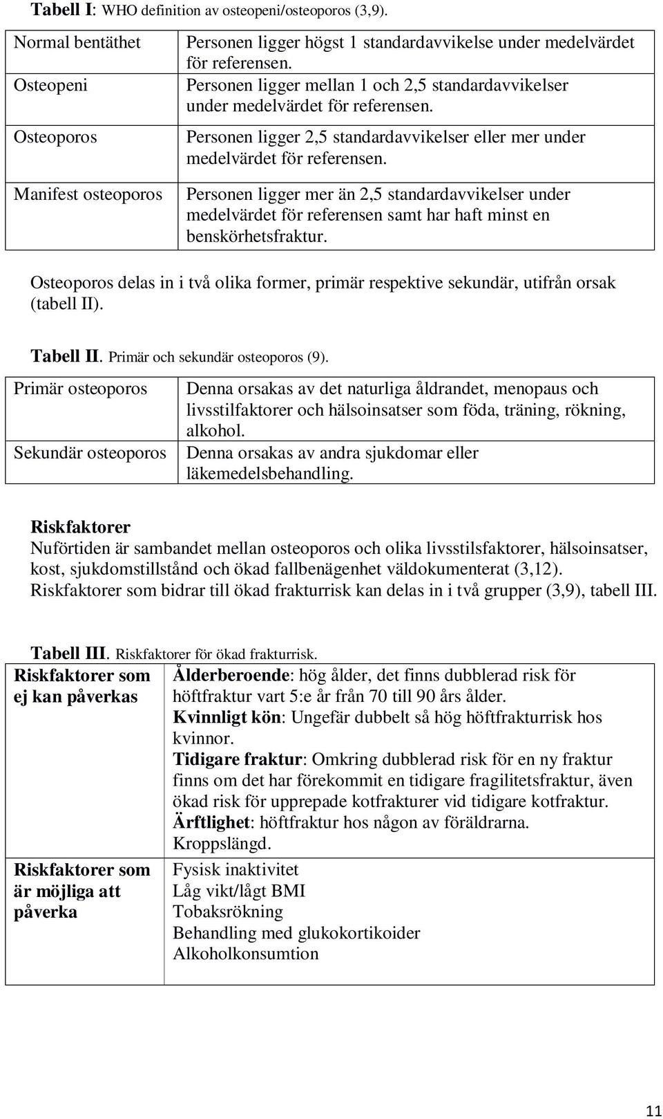 Manifest osteoporos Personen ligger mer än 2,5 standardavvikelser under medelvärdet för referensen samt har haft minst en benskörhetsfraktur.