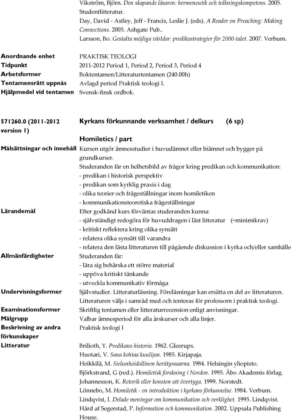 00h) Tentamensrätt uppnås Avlagd period Praktisk teologi I. 571260.