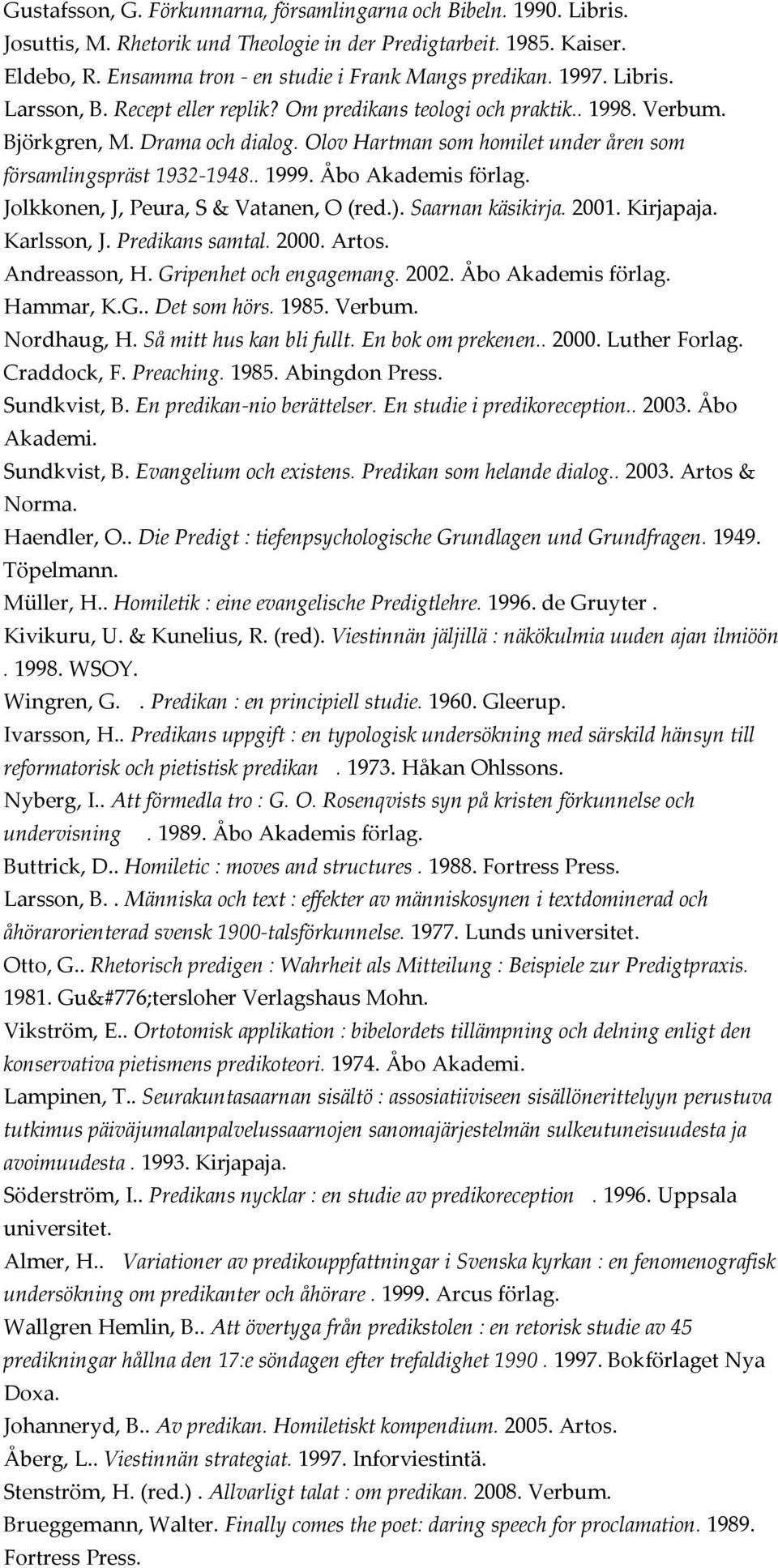 . 1999. Åbo Akademis förlag. Jolkkonen, J, Peura, S & Vatanen, O (red.). Saarnan käsikirja. 2001. Kirjapaja. Karlsson, J. Predikans samtal. 2000. Artos. Andreasson, H. Gripenhet och engagemang. 2002.