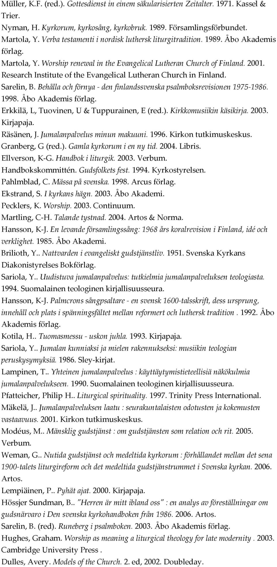 Research Institute of the Evangelical Lutheran Church in Finland. Sarelin, B. Behålla och förnya - den finlandssvenska psalmboksrevisionen 1975-1986. 1998. Åbo Akademis förlag.