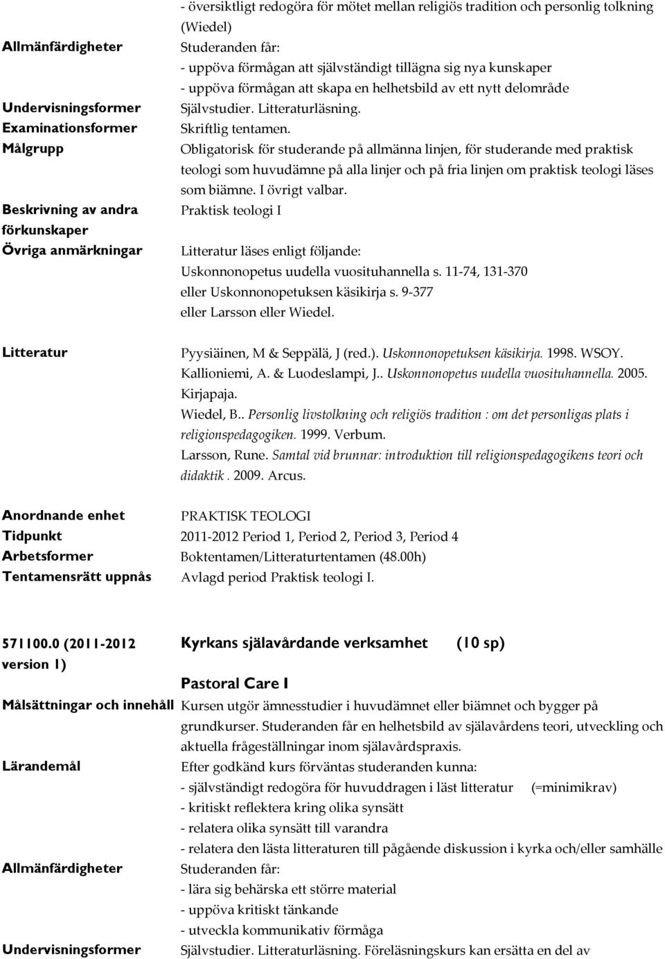 Obligatorisk för studerande på allmänna linjen, för studerande med praktisk teologi som huvudämne på alla linjer och på fria linjen om praktisk teologi läses som biämne. I övrigt valbar.