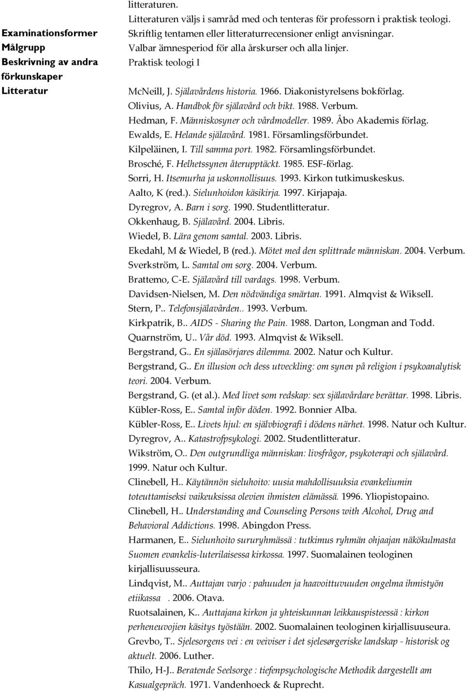 Diakonistyrelsens bokförlag. Olivius, A. Handbok för själavård och bikt. 1988. Verbum. Hedman, F. Människosyner och vårdmodeller. 1989. Åbo Akademis förlag. Ewalds, E. Helande själavård. 1981.