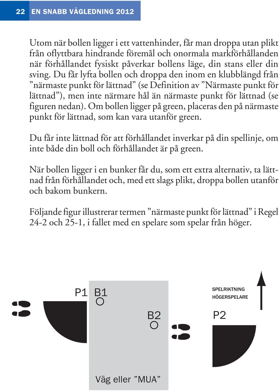 Du får lyfta bollen och droppa den inom en klubblängd från närmaste punkt för lättnad (se Definition av Närmaste punkt för lättnad ), men inte närmare hål än närmaste punkt för lättnad (se figuren