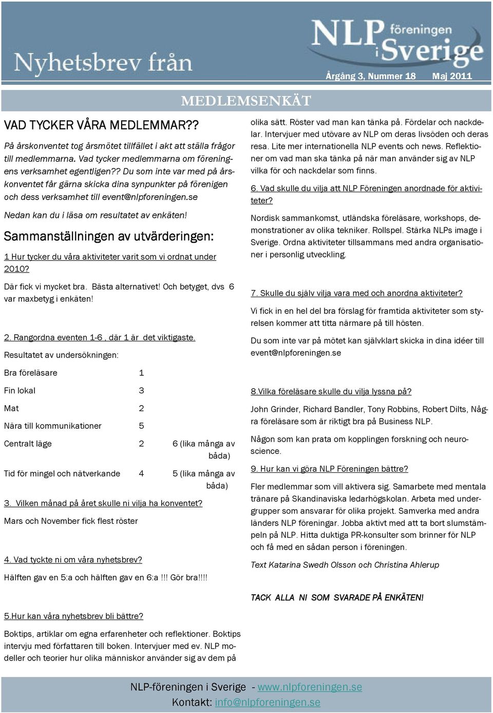 Sammanställningen av utvärderingen: 1 Hur tycker du våra aktiviteter varit som vi ordnat under 2010? MEDLEMSENKÄT olika sätt. Röster vad man kan tänka på. Fördelar och nackdelar.