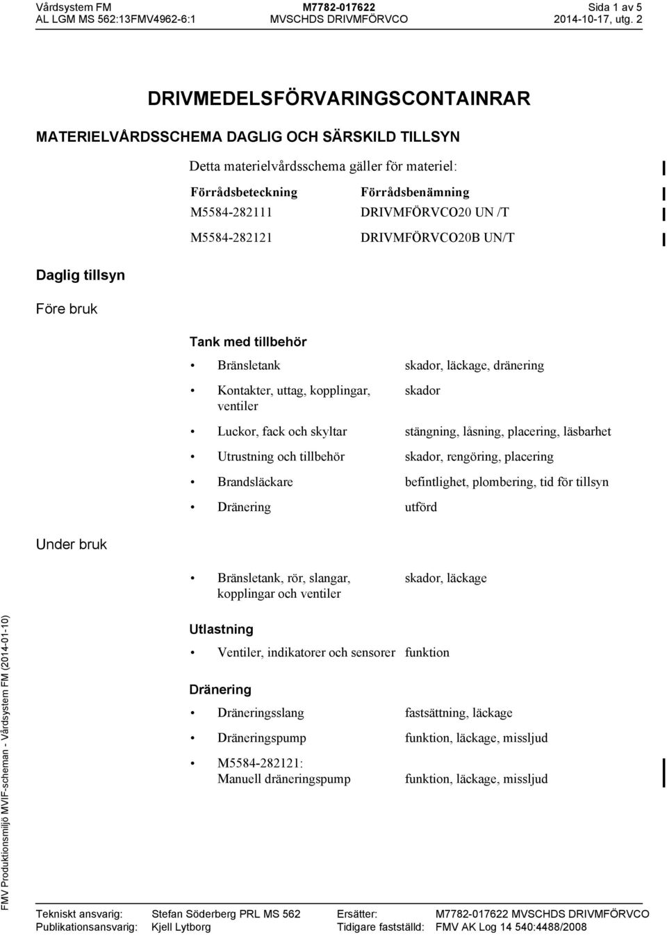 fack och skyltar stängning, låsning, placering, läsbarhet Brandsläckare befintlighet, plombering, tid för Dränering utförd Utlastning Dränering Tekniskt ansvarig: Stefan Söderberg PRL MS 562