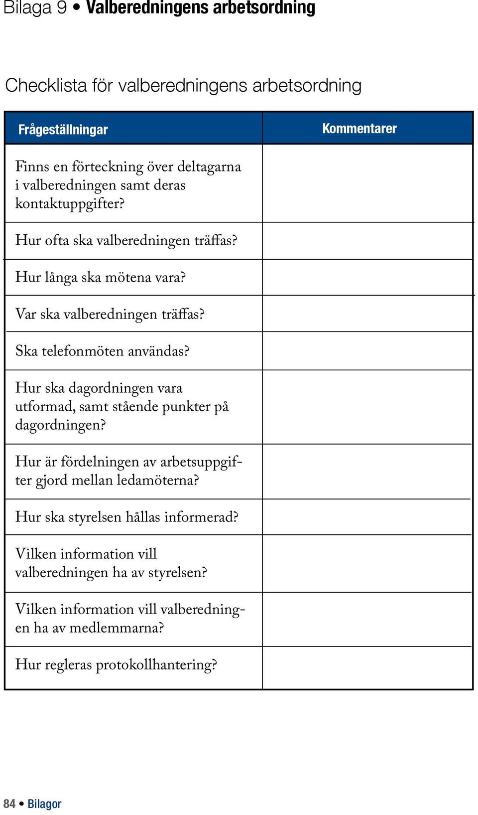 Hur ska dagordningen vara utformad, samt stående punkter på dagordningen? Hur är fördelningen av arbetsuppgifter gjord mellan ledamöterna?