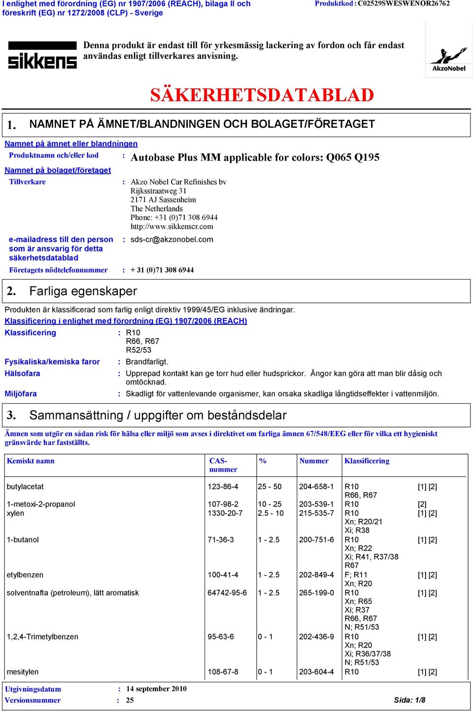 NAMNET PÅ ÄMNET/BLANDNINGEN OCH BOLAGET/FÖRETAGET Namnet på ämnet eller blandningen Produktnamn och/eller kod Namnet på bolaget/företaget Tillverkare e-mailadress till den person som är ansvarig för