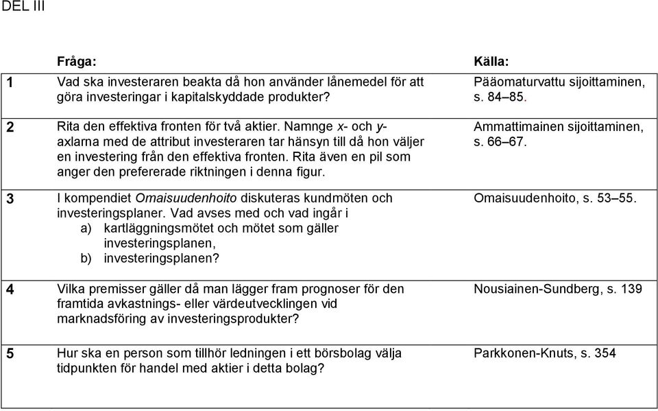 3 I kompendiet Omaisuudenhoito diskuteras kundmöten och investeringsplaner. Vad avses med och vad ingår i a) kartläggningsmötet och mötet som gäller investeringsplanen, b) investeringsplanen?