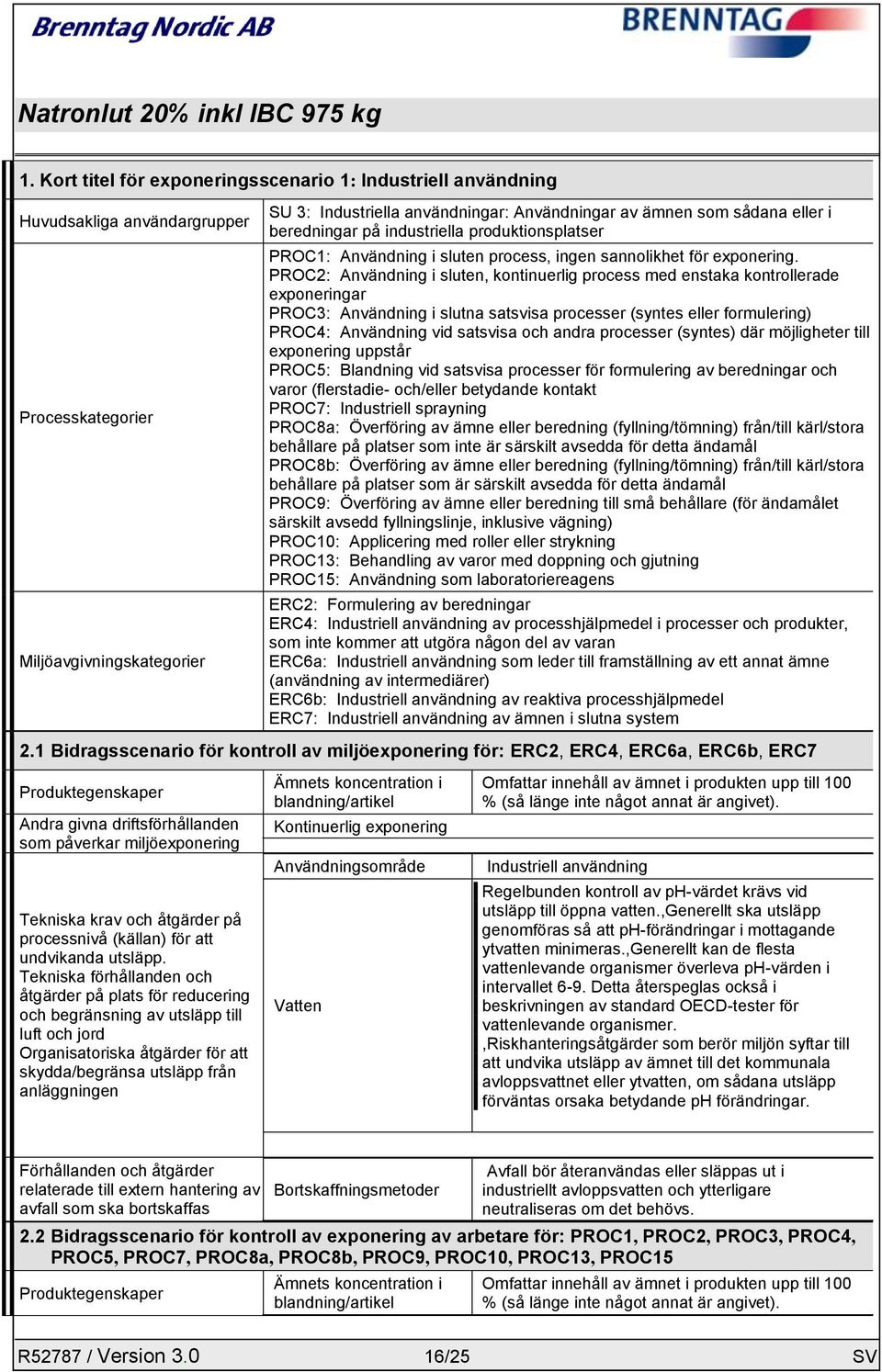 PROC2: Användning i sluten, kontinuerlig process med enstaka kontrollerade exponeringar PROC3: Användning i slutna satsvisa processer (syntes eller formulering) PROC4: Användning vid satsvisa och