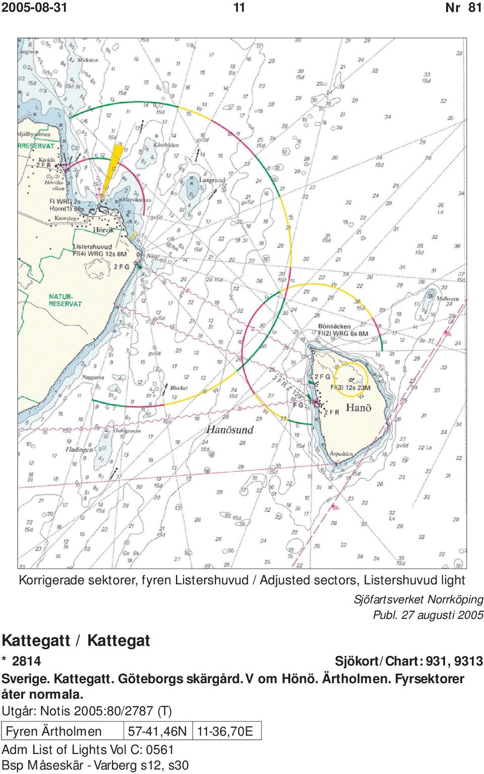 27 augusti 2005 Kattegatt / Kattegat * 2814 Sjökort/Chart: 931, 9313 Sverige. Kattegatt. Göteborgs skärgård.