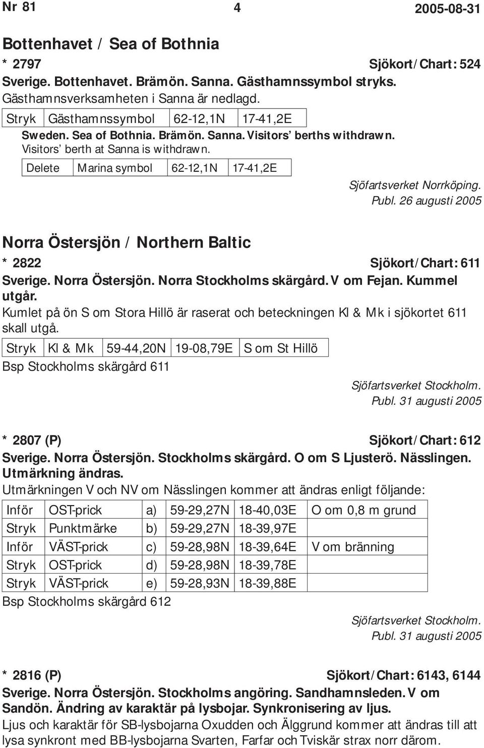 Delete Marina symbol 62-12,1N 17-41,2E Sjöfartsverket Norrköping. Publ. 26 augusti 2005 Norra Östersjön / Northern Baltic * 2822 Sjökort/Chart: 611 Sverige. Norra Östersjön. Norra Stockholms skärgård.