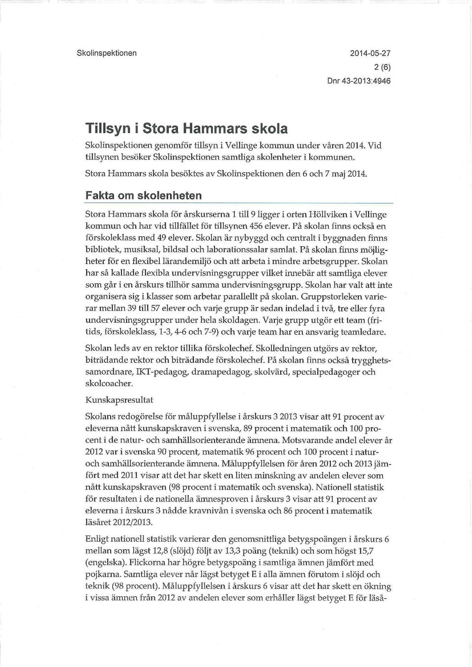 Fakta om skolenheten Stora Hammars skola för årskurserna 1 till 9 ligger i orten Höllviken i Vellinge kommun och har vid tillfället för tillsynen 456 elever.