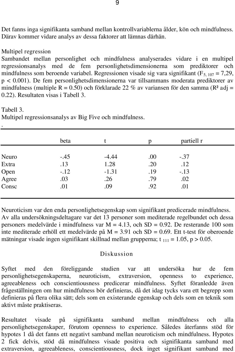 beroende variabel. Regressionen visade sig vara signifikant (F 5, 107 = 7,29, p < 0.001). De fem personlighetsdimensionerna var tillsammans moderata prediktorer av mindfulness (multiple R = 0.