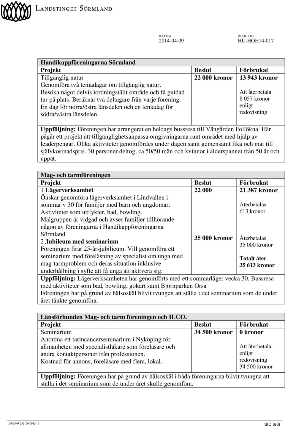 redovisning Uppföljning: Föreningen har arrangerat en heldags bussresa till Vängården Follökna. Här pågår ett projekt att tillgänglighetsanpassa omgivningarna runt området med hjälp av leaderpengar.