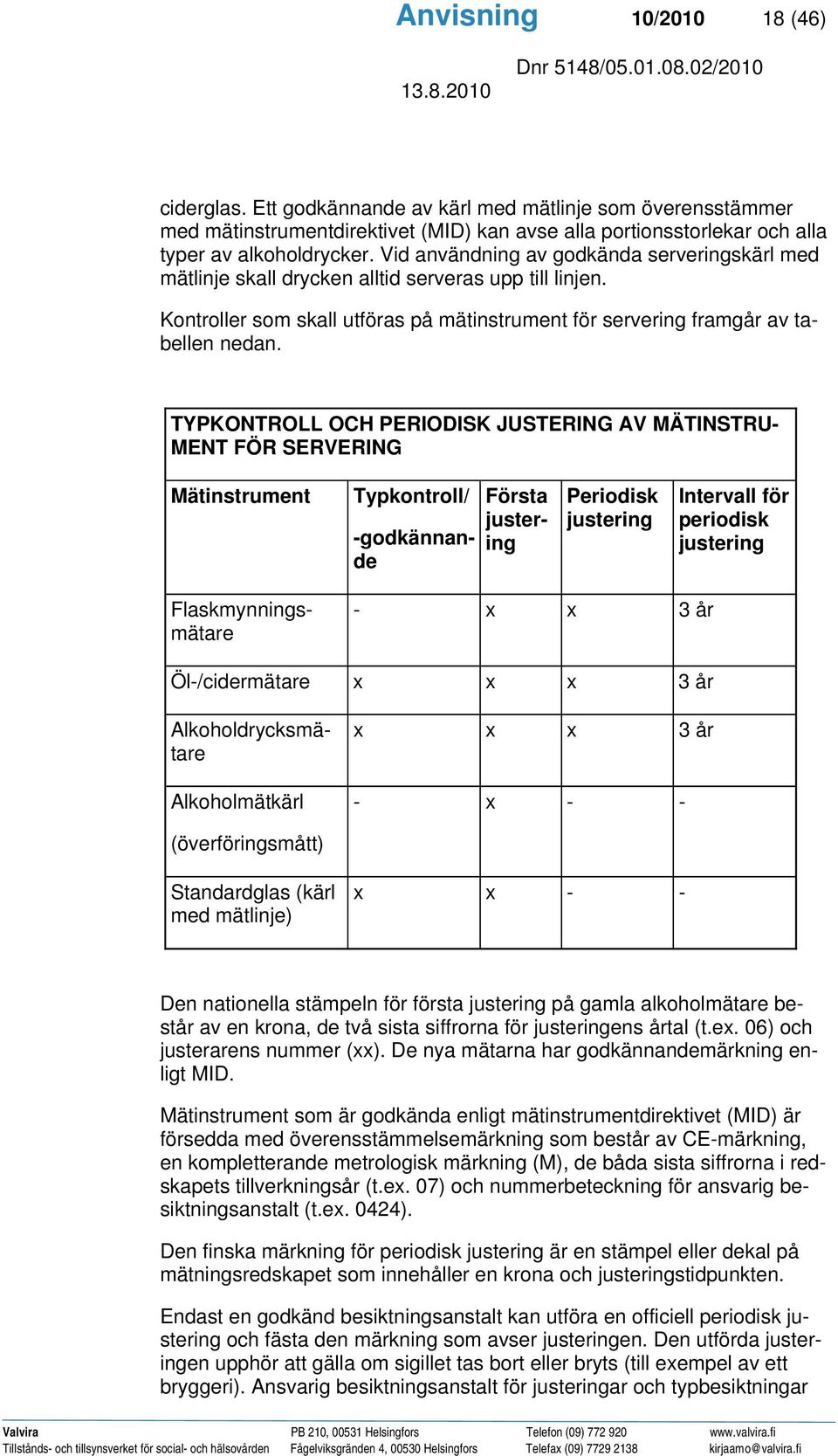 TYPKONTROLL OCH PERIODISK JUSTERING AV MÄTINSTRU- MENT FÖR SERVERING Mätinstrument Typkontroll/ -godkännande Första justering Periodisk justering Intervall för periodisk justering - x x 3 år