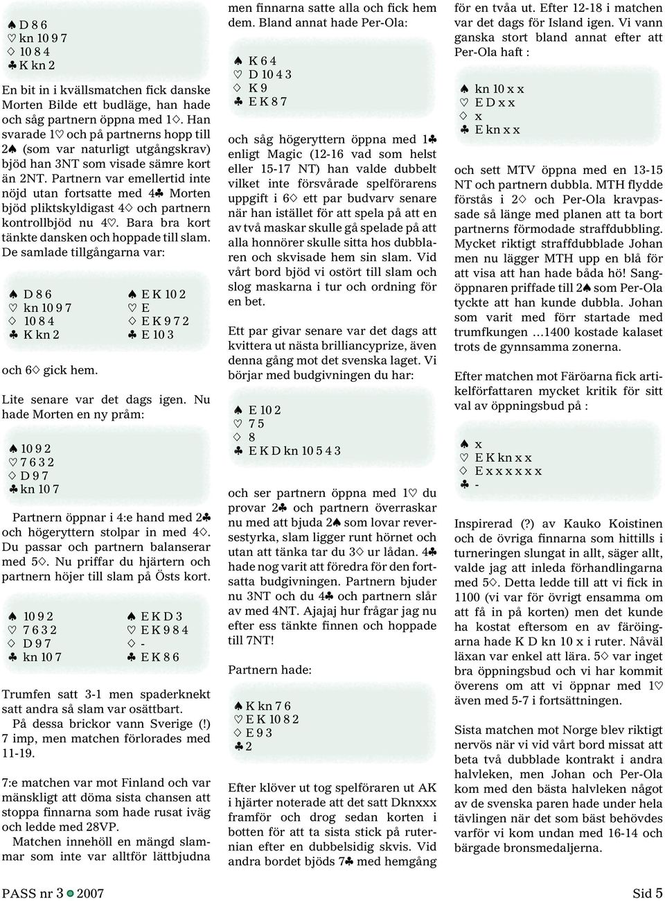 Partnern var emellertid inte nöjd utan fortsatte med 4} Morten bjöd pliktskyldigast 4{ och partnern kontrollbjöd nu 4]. Bara bra kort tänkte dansken och hoppade till slam.