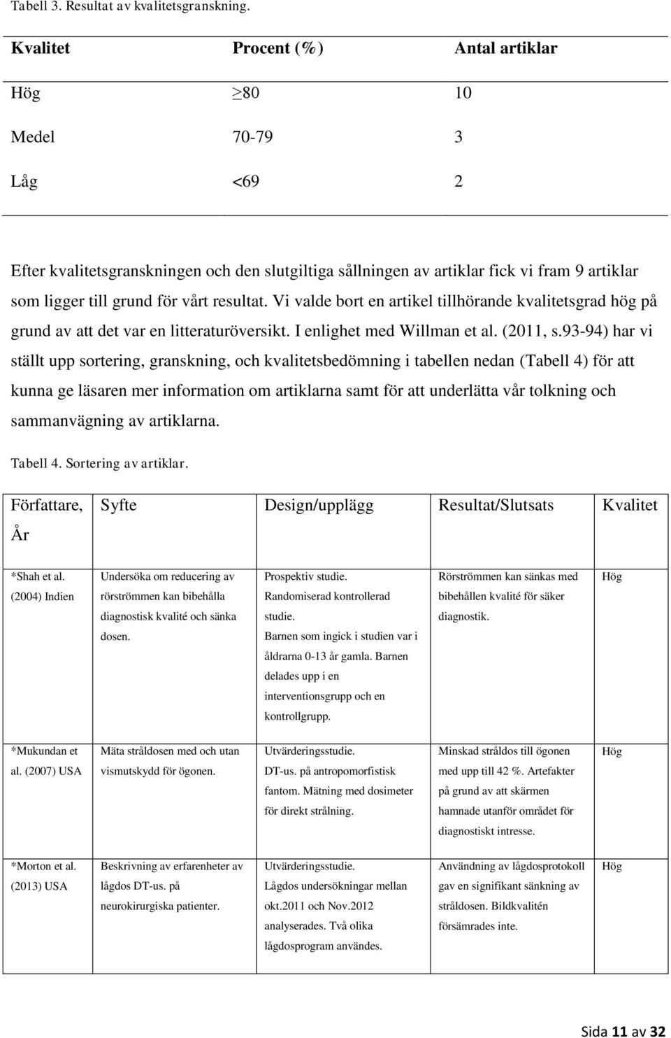 resultat. Vi valde bort en artikel tillhörande kvalitetsgrad hög på grund av att det var en litteraturöversikt. I enlighet med Willman et al. (2011, s.