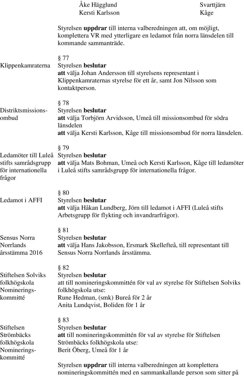 Nomineringskommitté Stiftelsen Strömbäcks folkhögskola Nomineringskommitté 77 att välja Johan Andersson till styrelsens representant i Klippenkamraternas styrelse för ett år, samt Jon Nilsson som